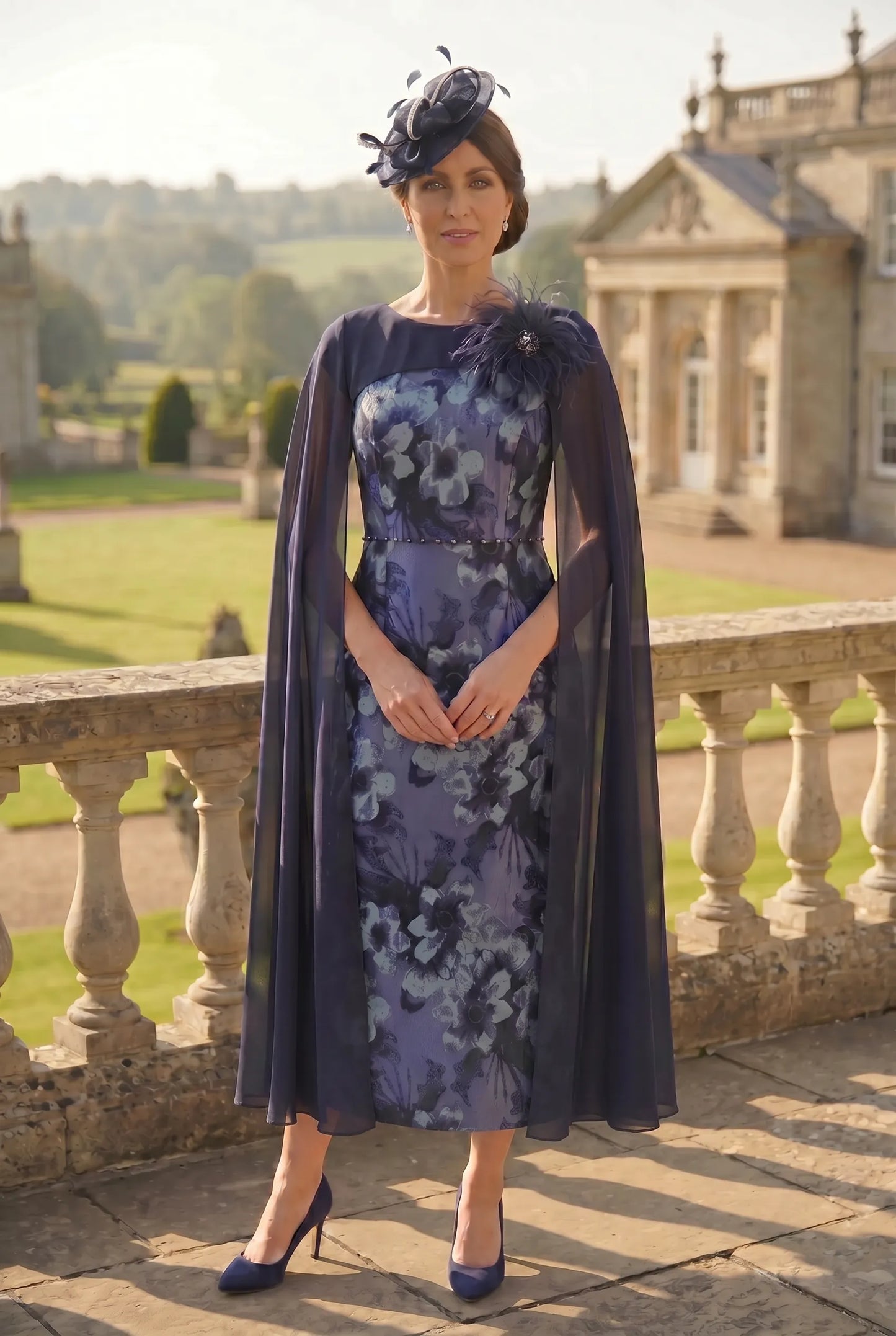 Woman in a floral mother of the bride dress with a dark cape standing in front of a historic building.