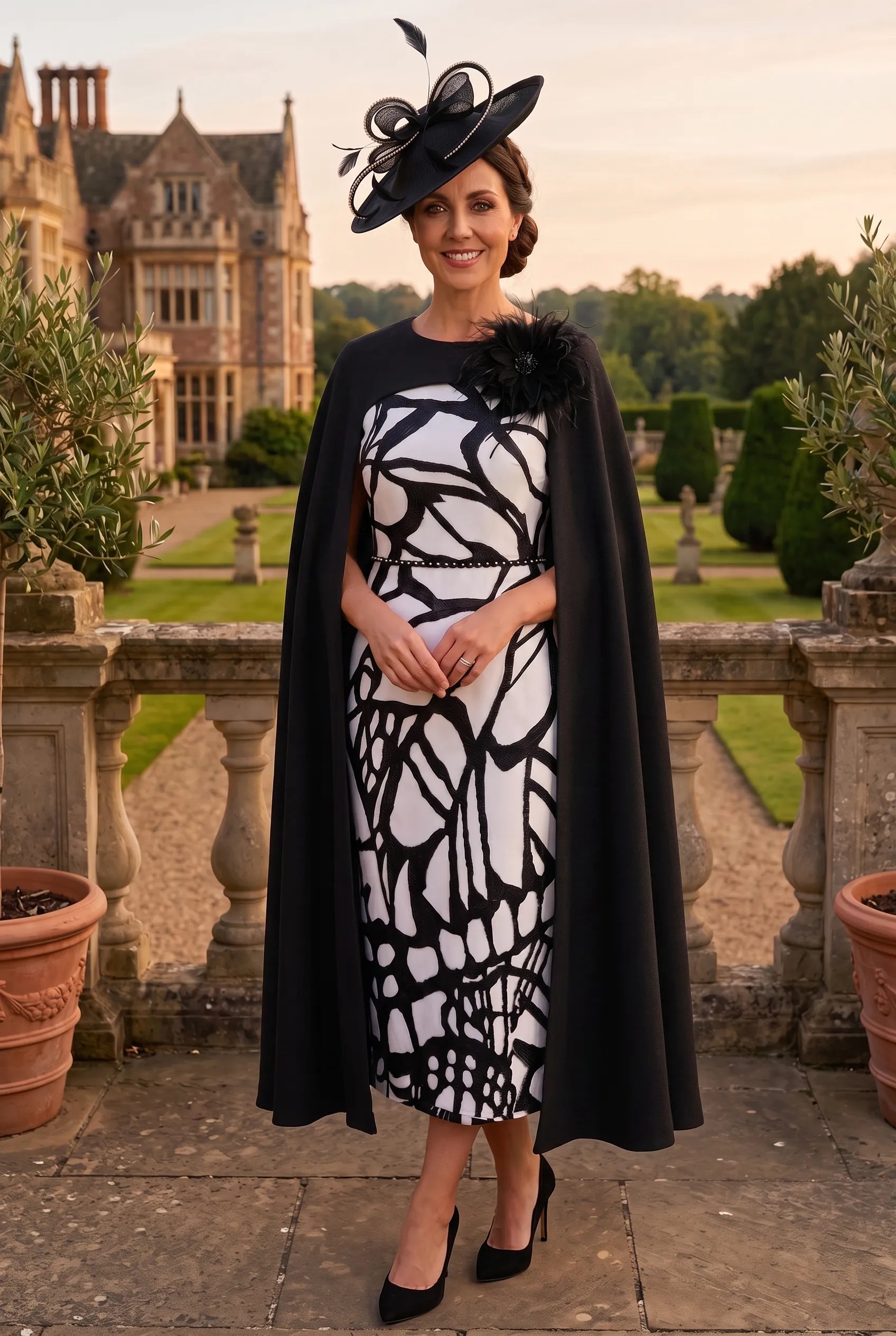 Lizabella 2266 black and ivory mother of the bride dress with structured cape overlay.