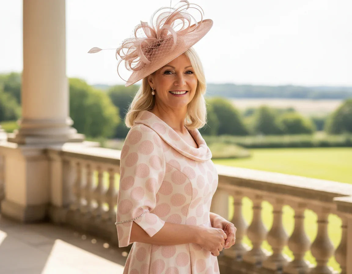 Woman in a Lizabella 2269 pink Mother of the Bride dress with elegant polka dot print, full skirt, half sleeves 