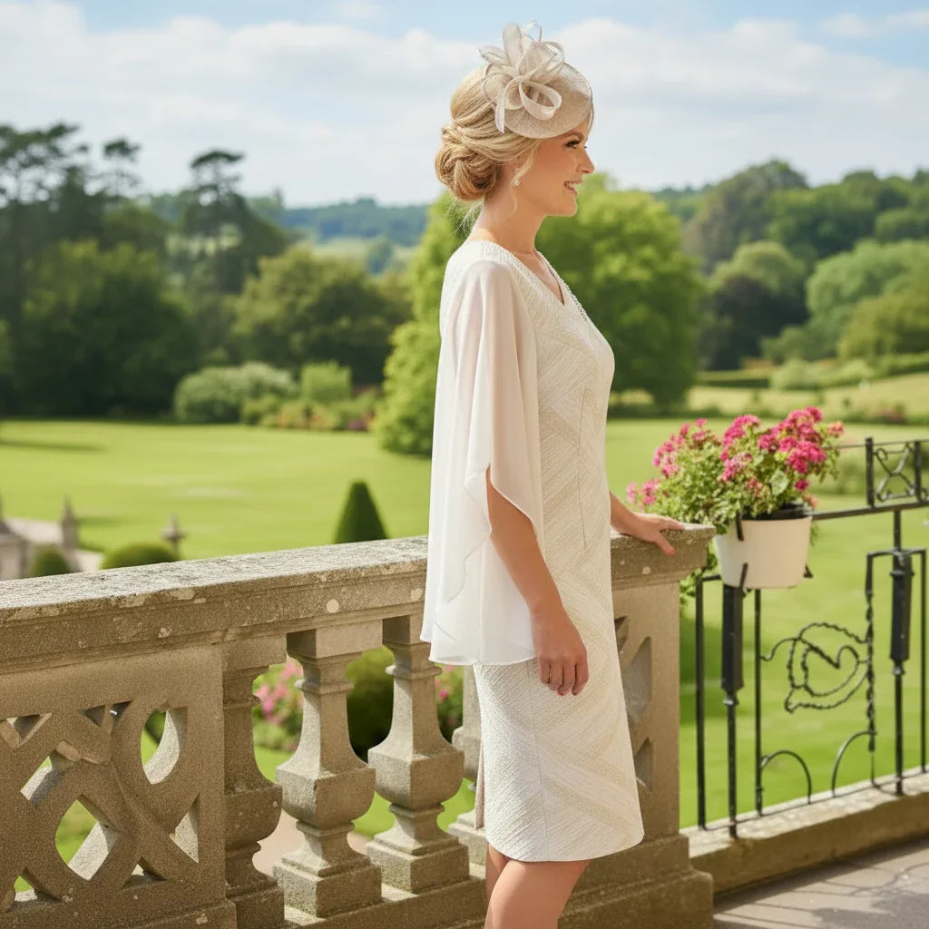 Woman in a Lizabella Champagne mother of the bride dress standing on a balcony with a scenic background. Signature Dress.