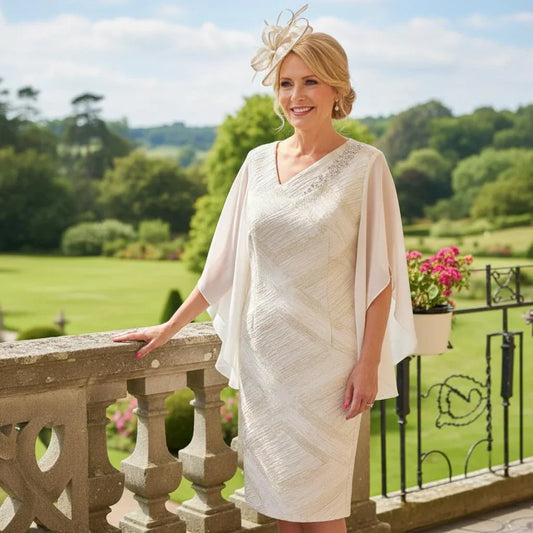 Lizabella 2355 champagne Mother of the Bride dress with metallic jacquard fabric and chiffon sleeves.