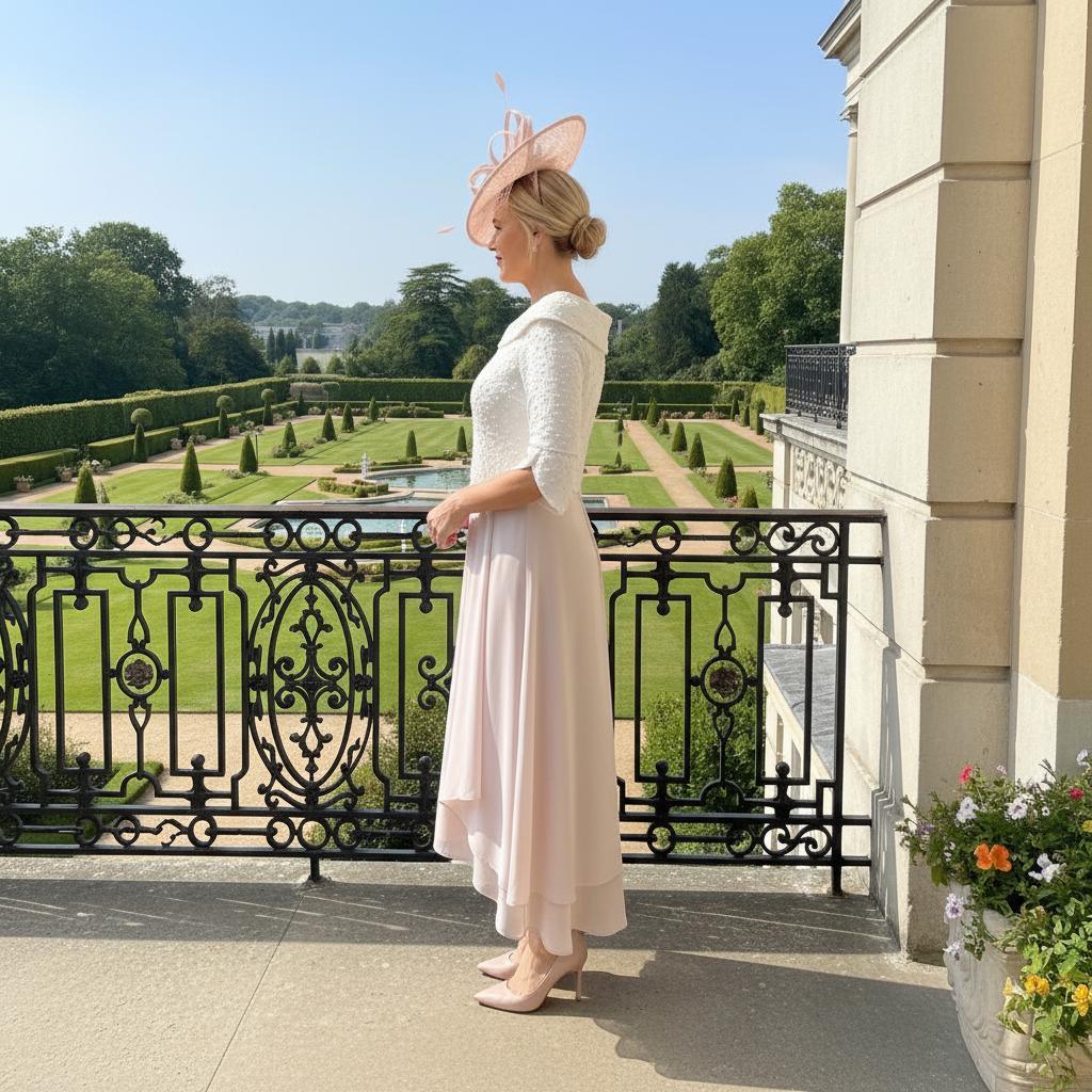 Side view of Lizabella 2364 blush Mother of the Bride dress showing flowing chiffon skirt and elegant fit.Dress