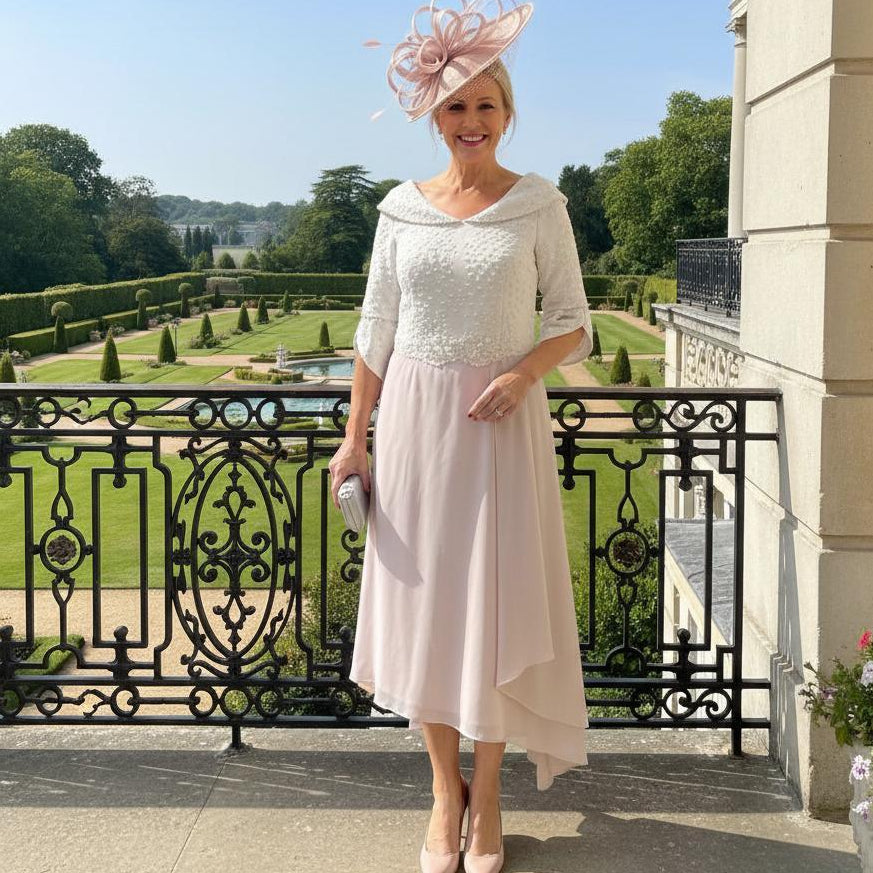 Lizabella 2364 blush Mother of the Bride dress with elegant chiffon A-line silhouette, diamanté embellishments, textured bodice and flattering V-neck.