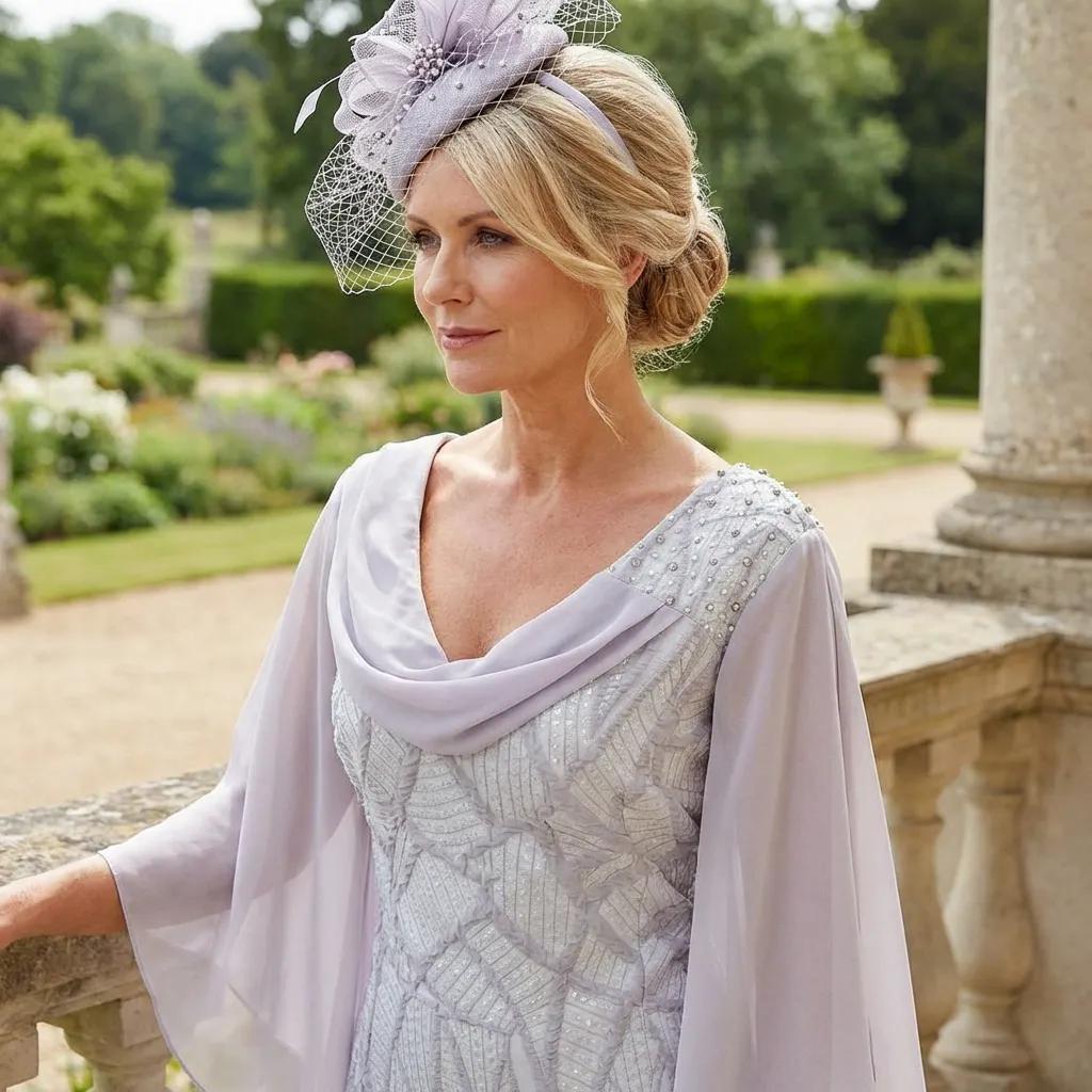 Front view of the silver Lizabella 2366 dress showing the Vâ€‘neck, chiffon sleeves and pearl and rhinestone shoulder detail, styled outdoors at a country estate.