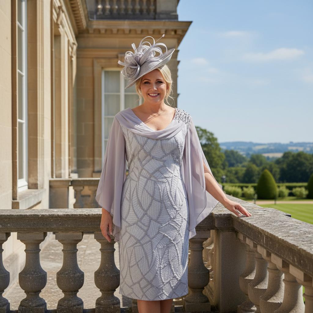Side view of the silver Lizabella 2366 midi dress with flowing chiffon sleeves and embossed fabric, worn with a matching fascinator in a formal garden setting.