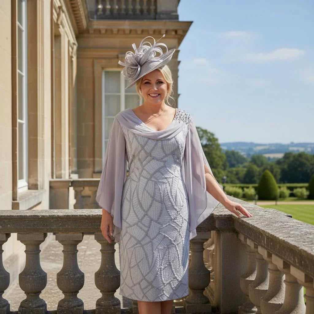 Side view of the Lizabella 2366 silver Mother of the Bride dress with elegant occasion wear styling for weddings and special occasions.
