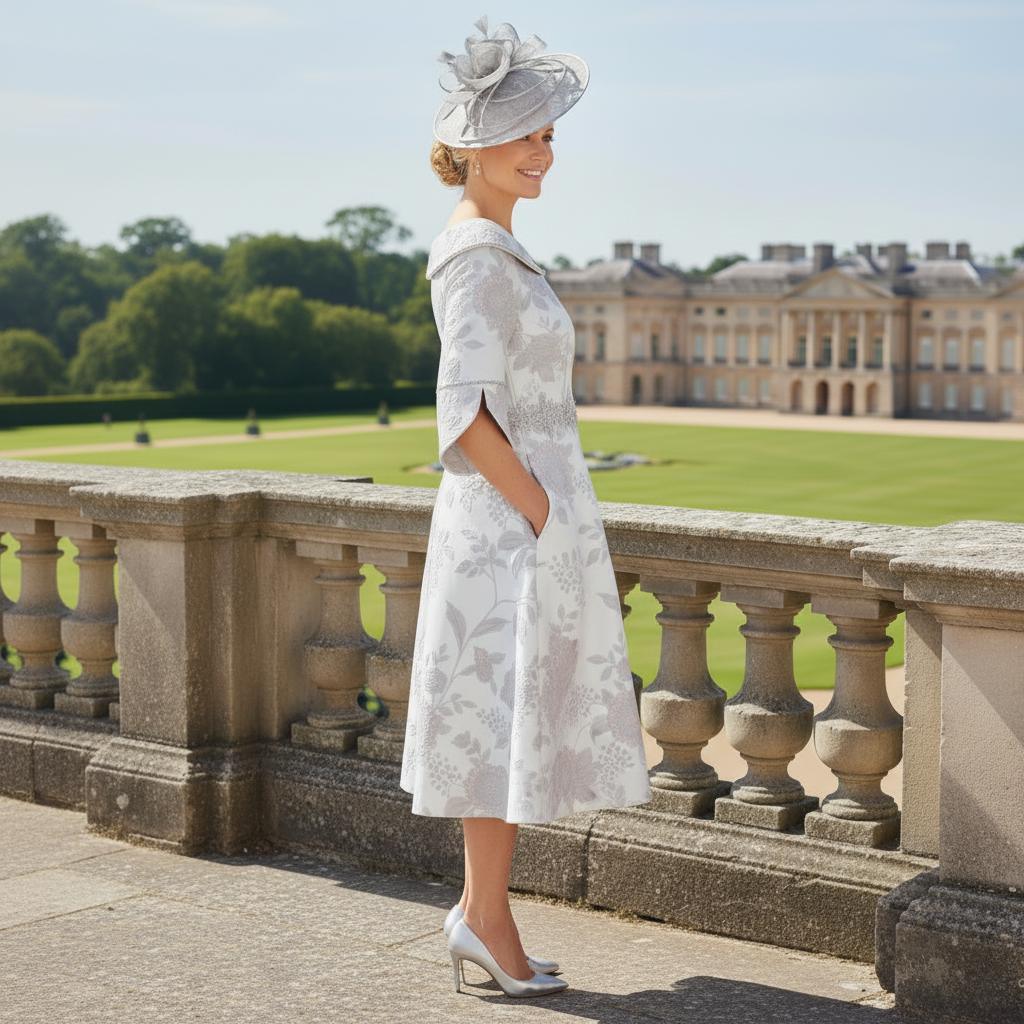 Side view of Lizabella 2370 silver Mother of the Bride dress featuring bell sleeves, side pockets and subtle lilac shimmer.