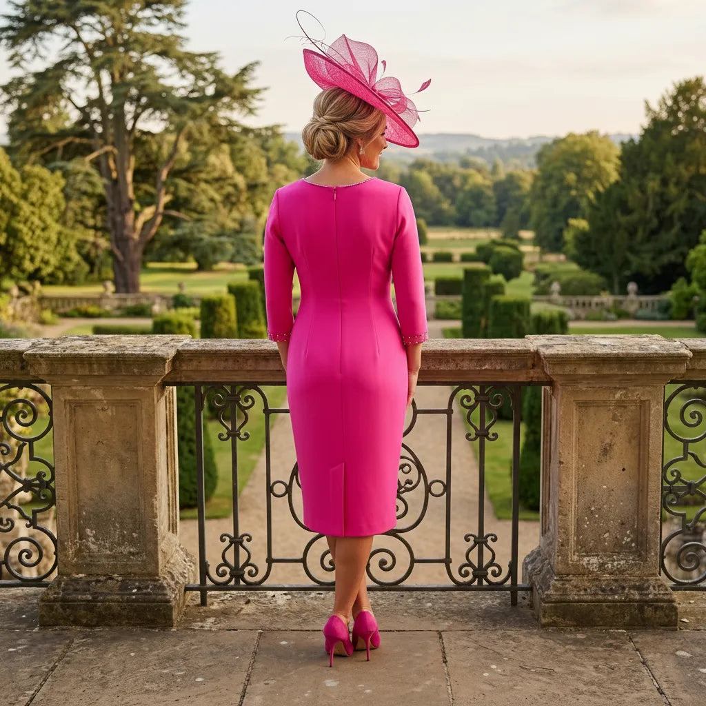 Woman in a pink mother of the bride dress and fushia pink fascinator hat standing on a stone balcony overlooking a garden.