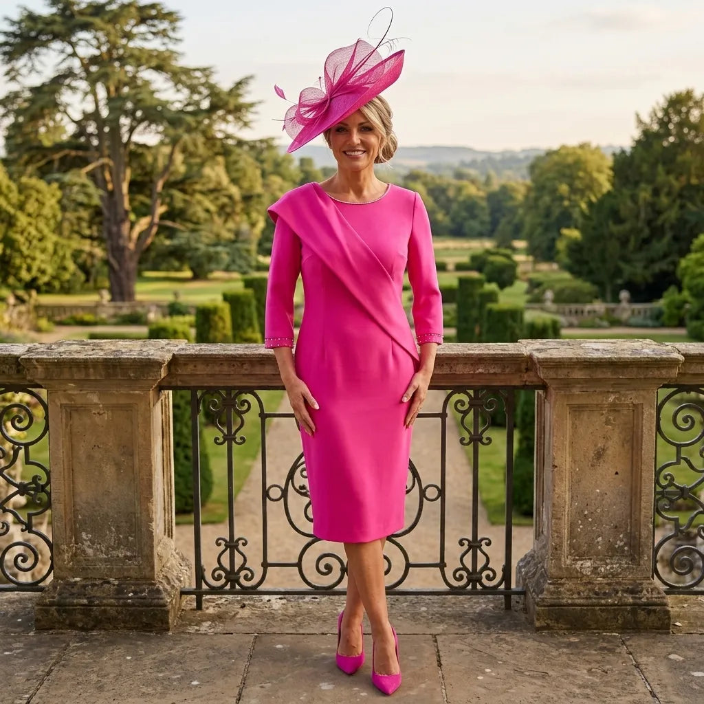 Woman in a bright pink mother of the bride dress and fushia pink fascinator hat standing in an outdoor setting with greenery.