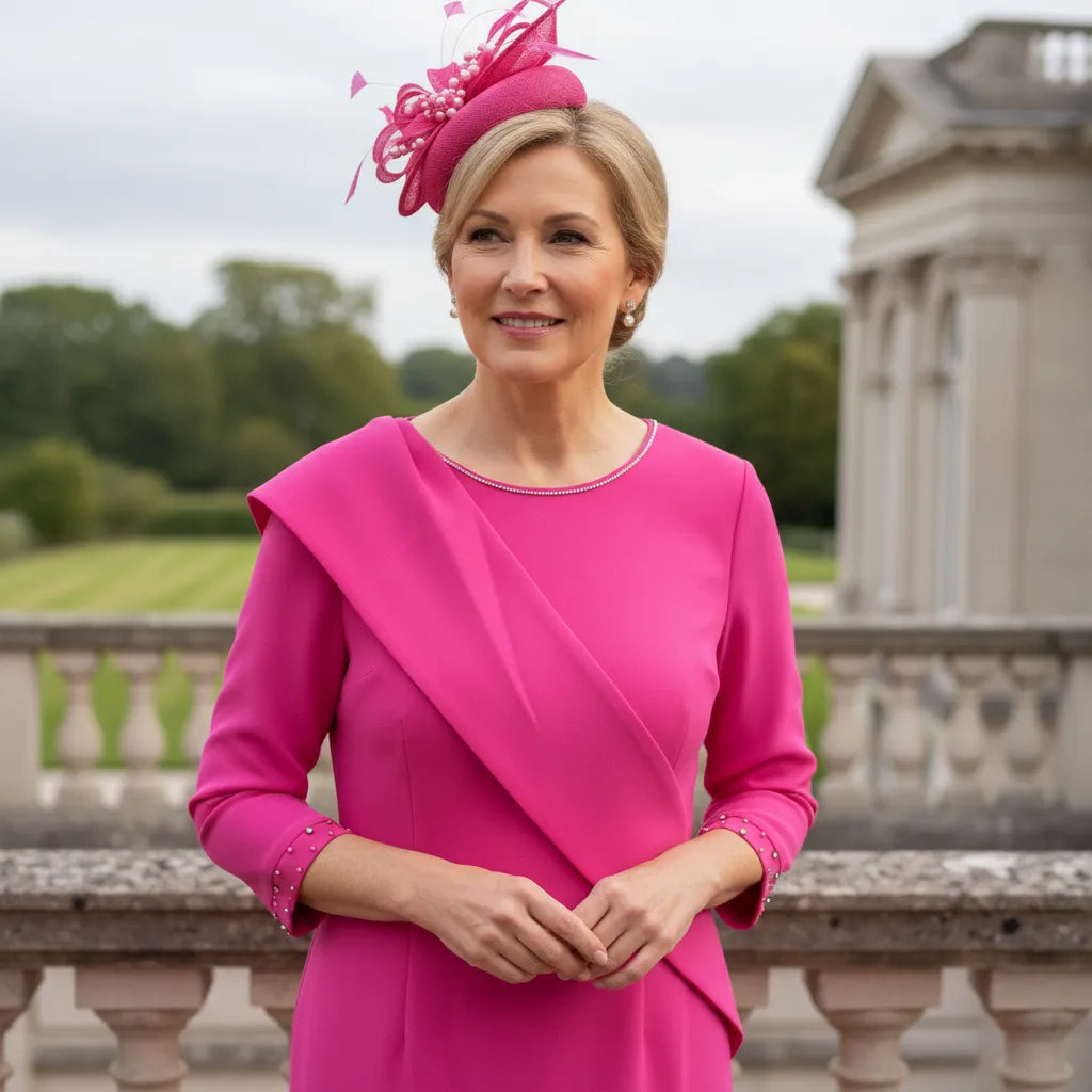 Woman in a pink mother of the bride dress and fushia pink fascinator hat standing outdoors with greenery and architecture in the background