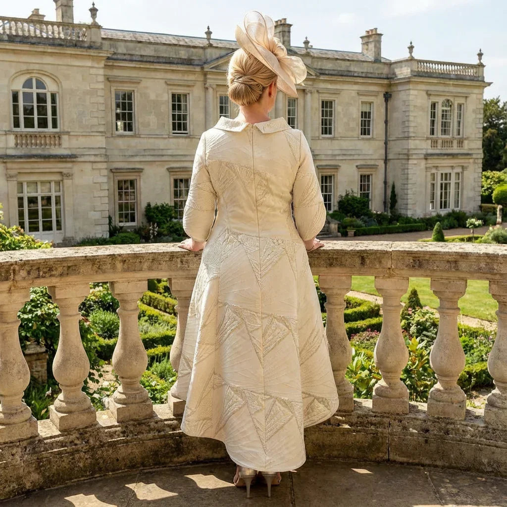 back view of a Lizabella 2477 champagne Mother of the Bride dress with high-low skirt, pearl embellished sleeves and side pockets.