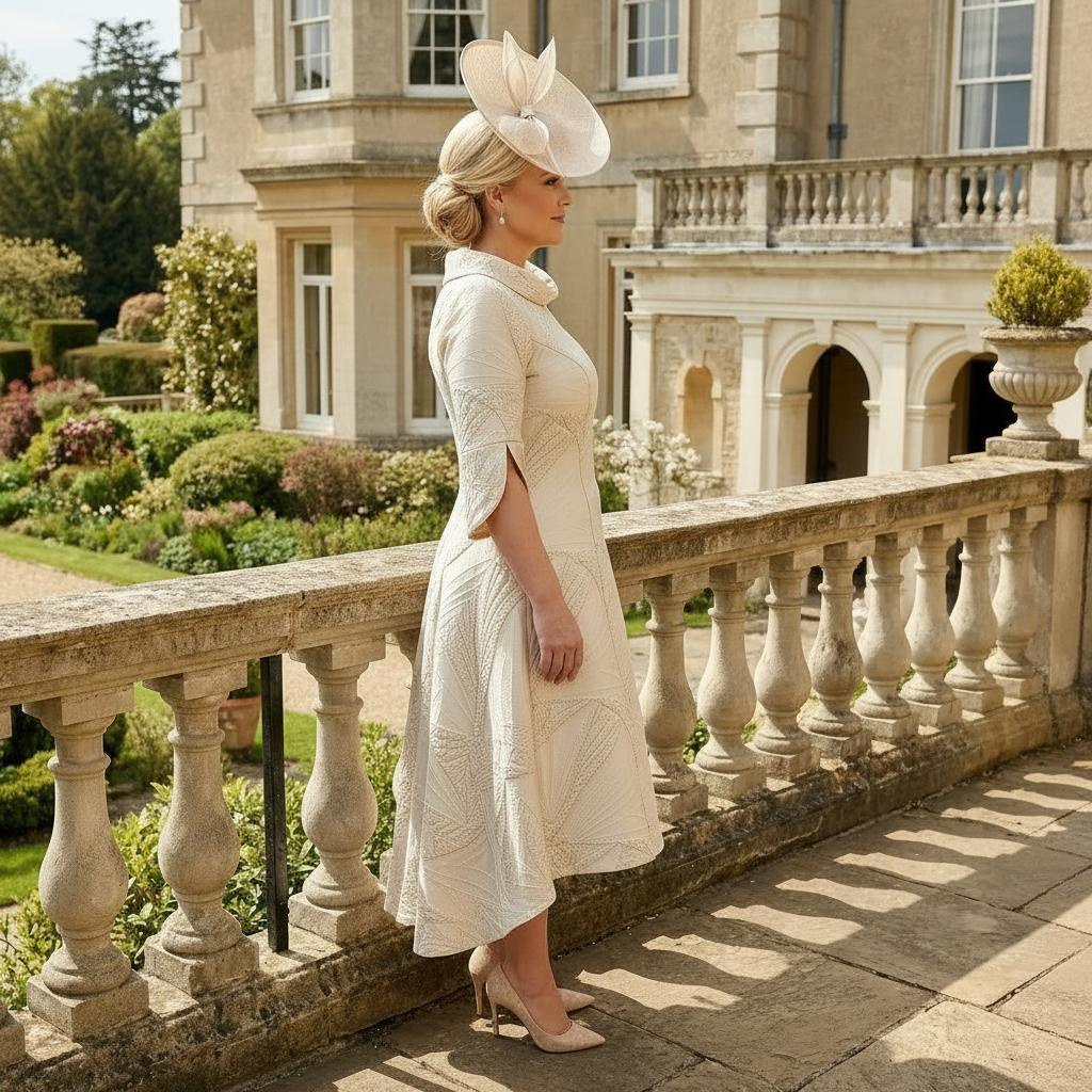 side view of a Lizabella 2477 champagne Mother of the Bride dress with high-low skirt, pearl embellished sleeves and side pockets.