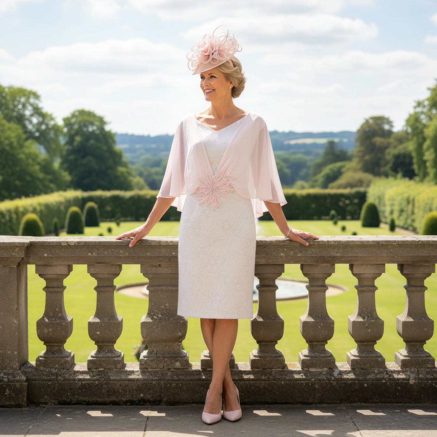 Lizabella 2499 blush pink Mother of the Bride dress with chiffon cape sleeves and embellished waist.