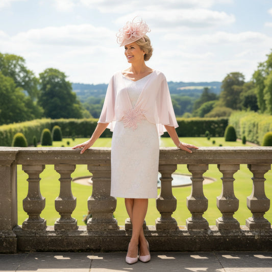 Lizabella 2499 blush pink Mother of the Bride dress with chiffon cape sleeves and embellished waist.