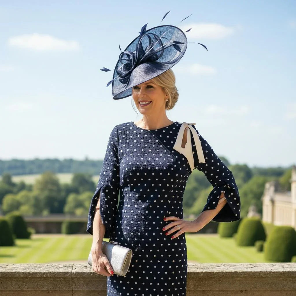 close view Lizabella 2548 navy Mother of the Bride dress with polka dot fabric, bow shoulder detail and boat neckline.
