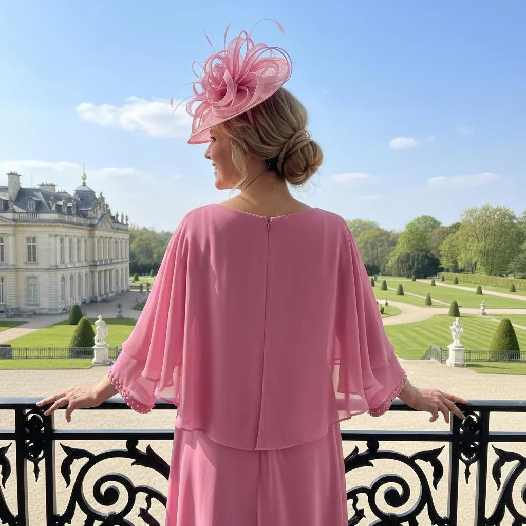 Lizabella 2629 pink Mother of the Bride dress with chiffon skirt, pearl waist detail and flattering V-neckline, back view.