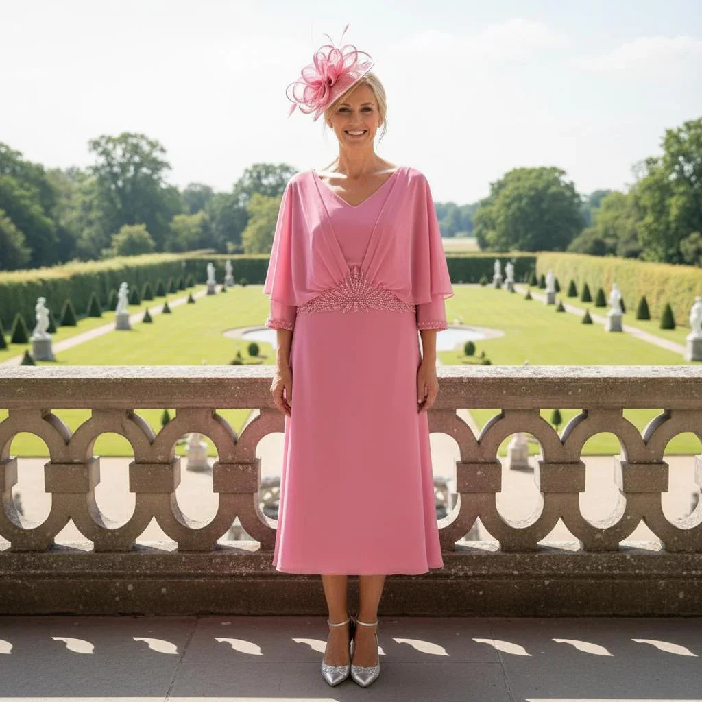 Lizabella 2629 pink Mother of the Bride dress with chiffon skirt, pearl waist detail and flattering V-neckline.