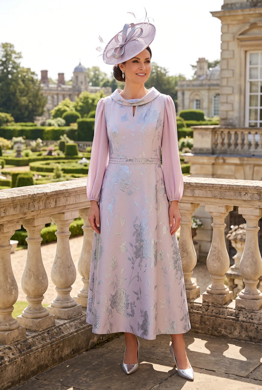 Lizabella 2809 lilac mother of the bride dress with metallic floral jacquard and floaty sleeves.