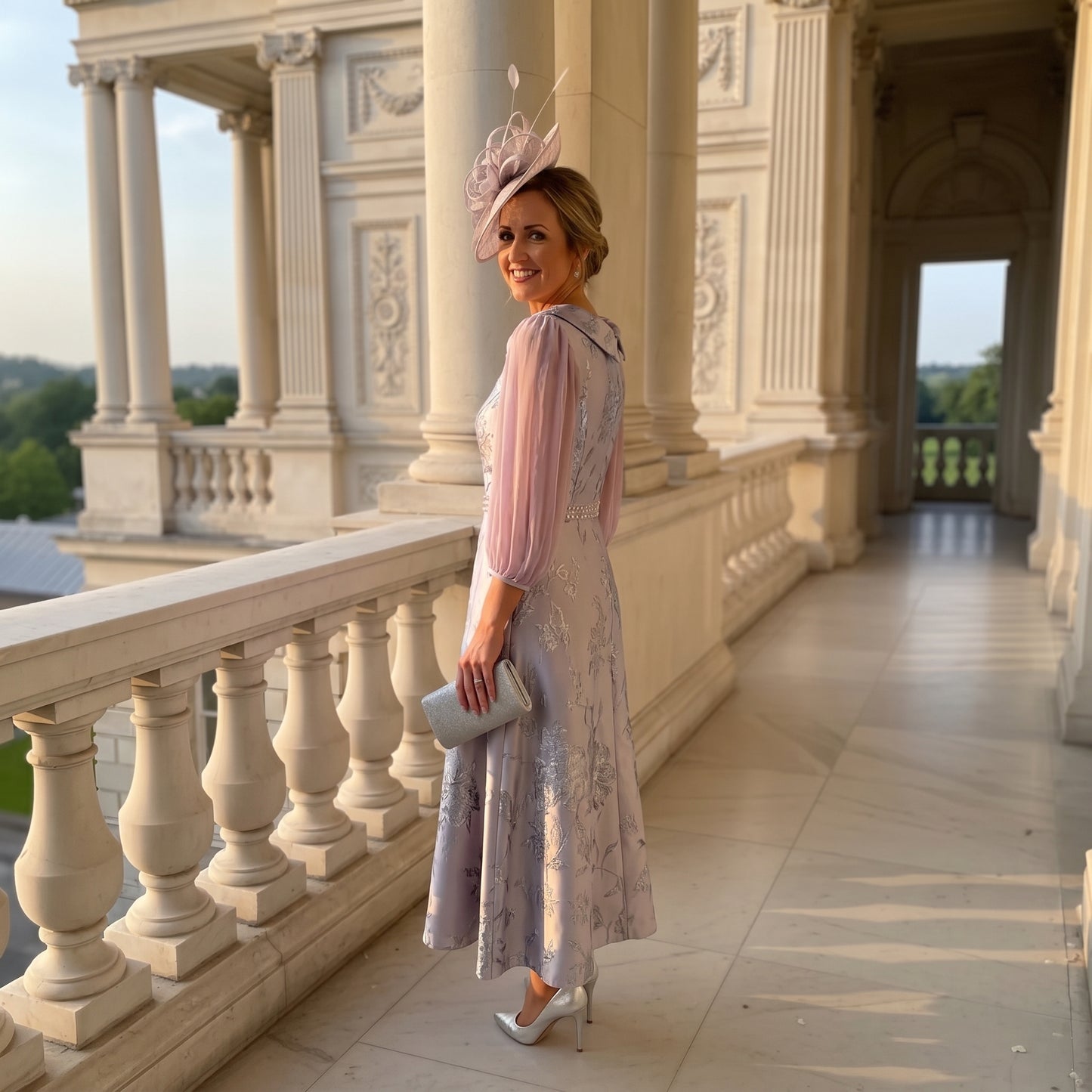 Lizabella 2809 lilac Mother of the Bride dress with elegant fitted silhouette and flattering occasion wear styling showing a side view