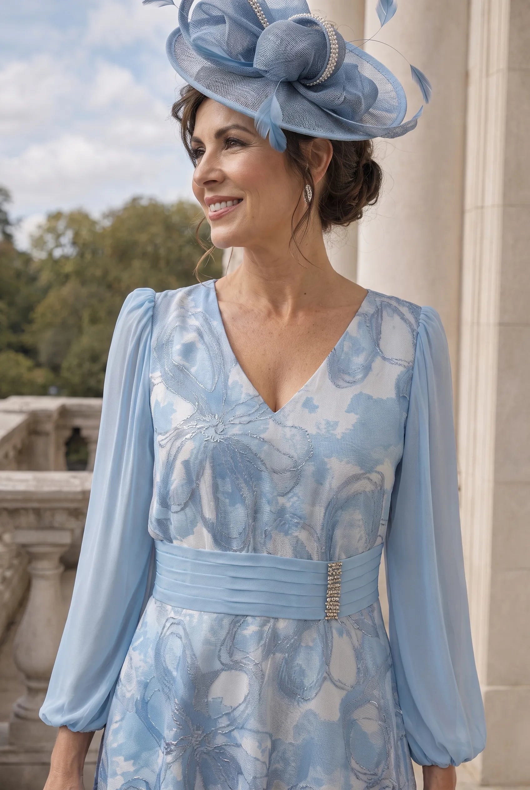 Lizabella 2834 light blue dress with V-neckline, chiffon sleeves and embellished pleated waist