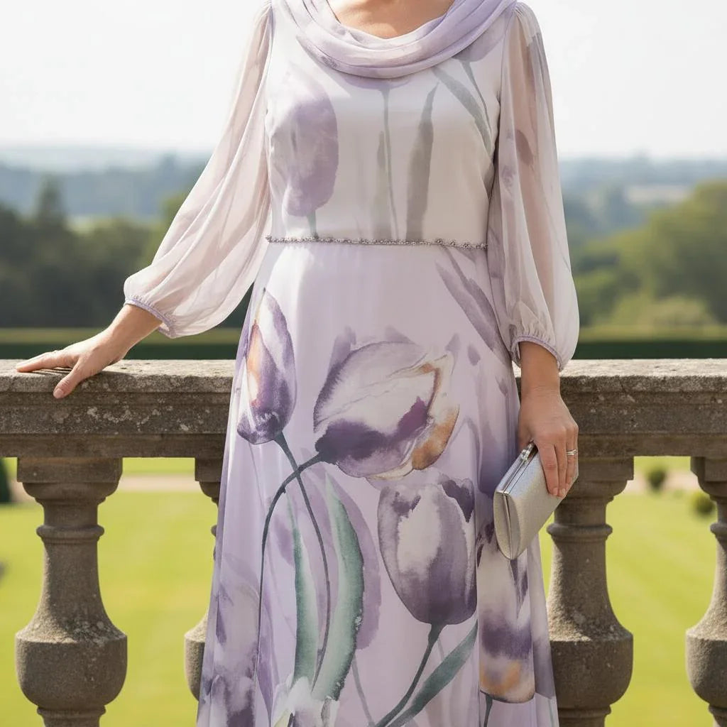Lizabella 2838 lilac Mother of the Bride dress with floral chiffon, draped neckline and elegant A-line silhouette close up view.