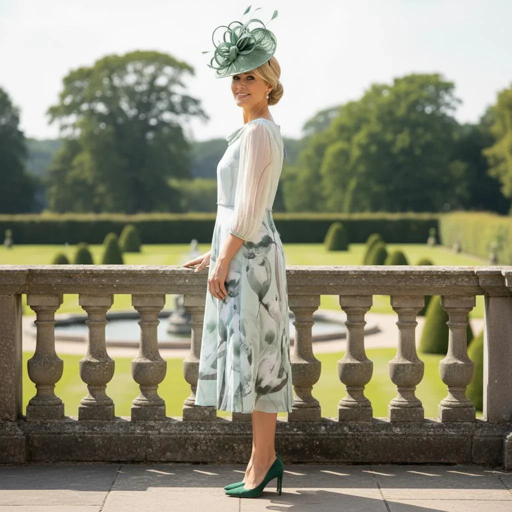 Side view of a Lizabella 2838 sage green Mother of the Bride dress with floral chiffon, draped neckline and elegant A-line silhouette.