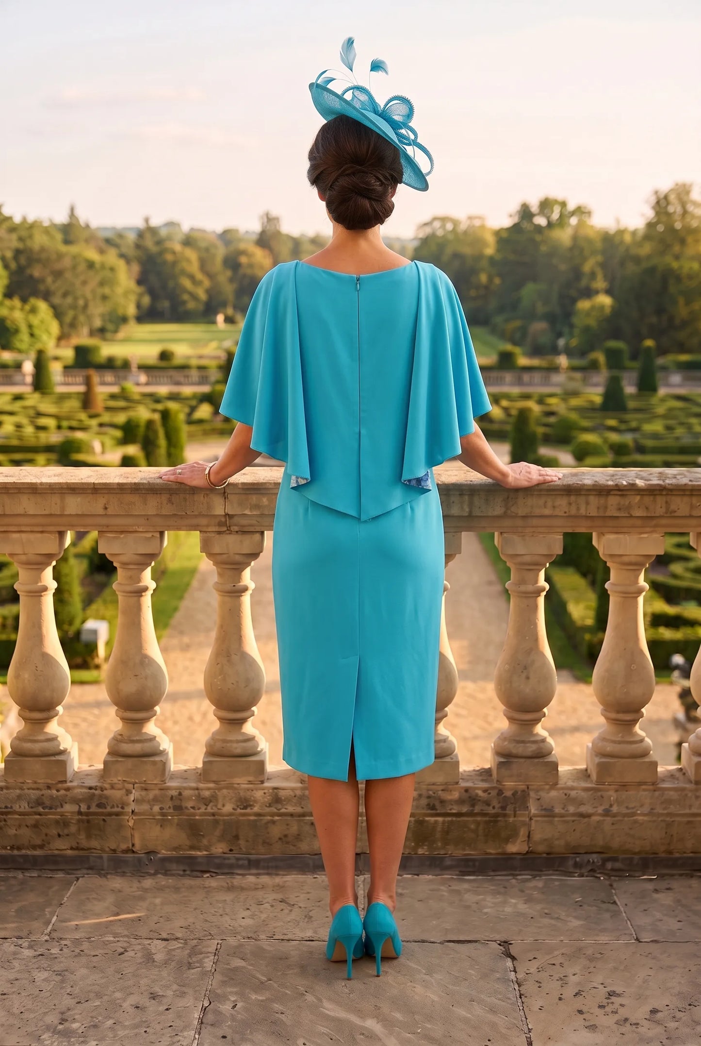 Back view of the Lizabella 2841 turquoise blue mother of the bride dress with flowing cape sleeves.