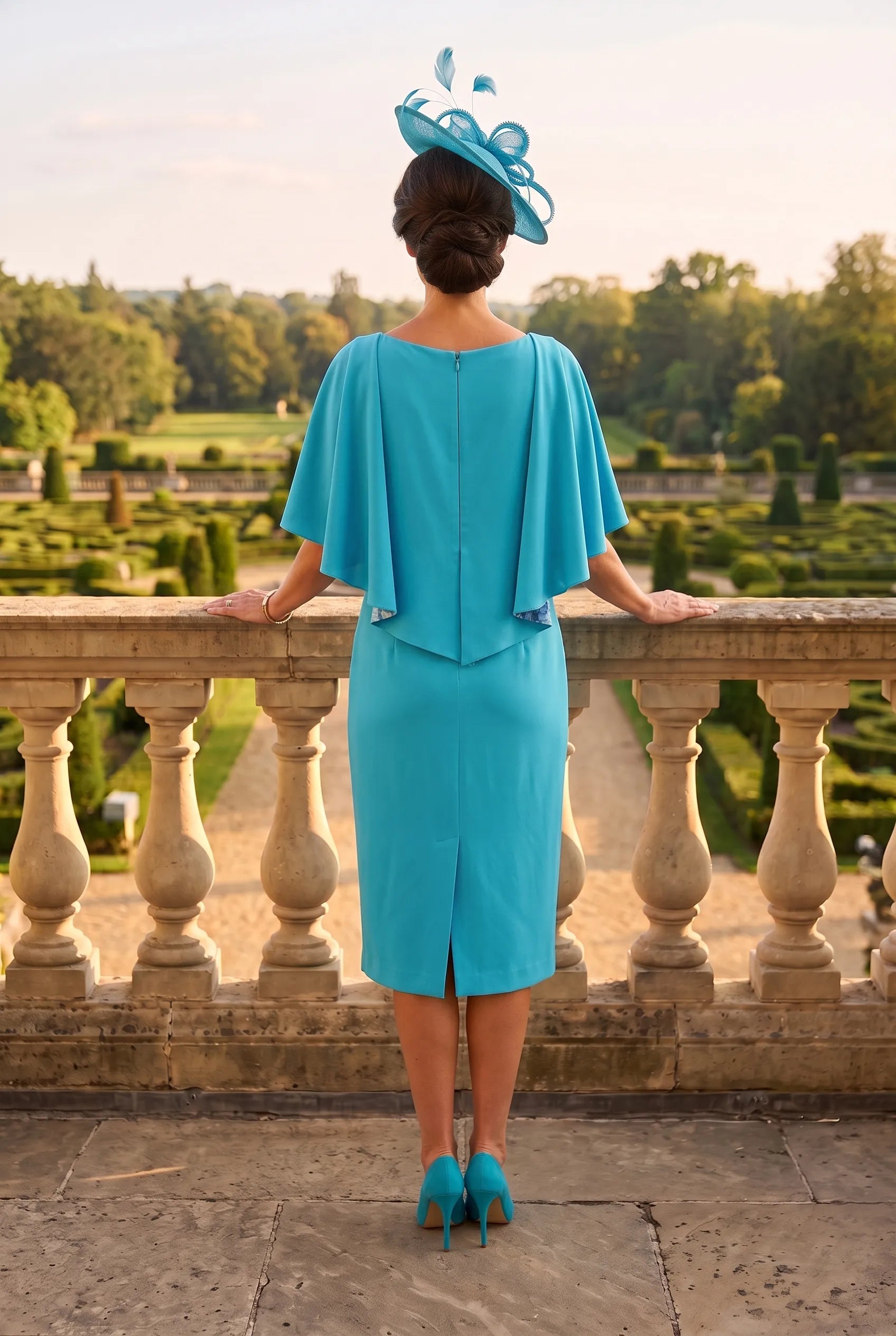Back view of the Lizabella 2841 turquoise blue mother of the bride dress with flowing cape sleeves.
