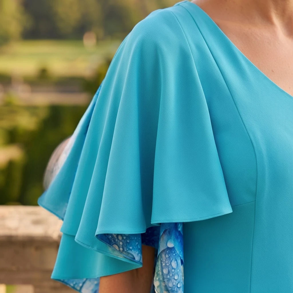 Close-up of the cape sleeve detail on the Lizabella 2841 turquoise blue mother of the bride dress.