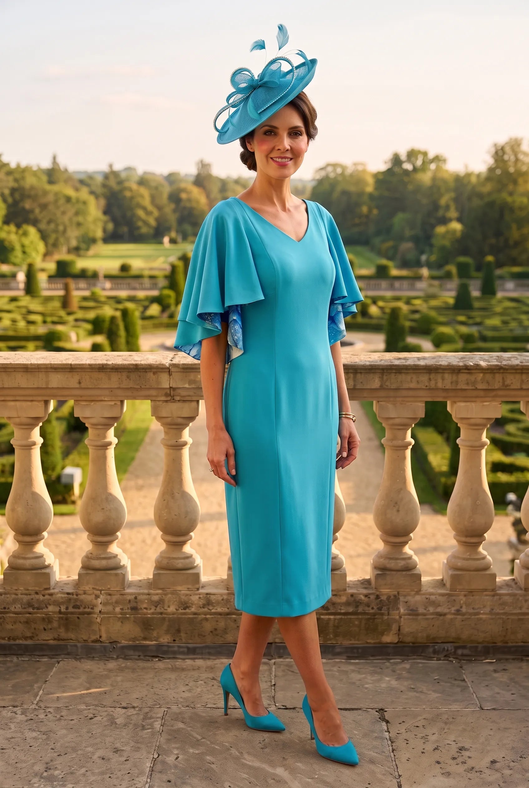 Lizabella 2841 turquoise blue mother of the bride dress with elegant cape sleeves.