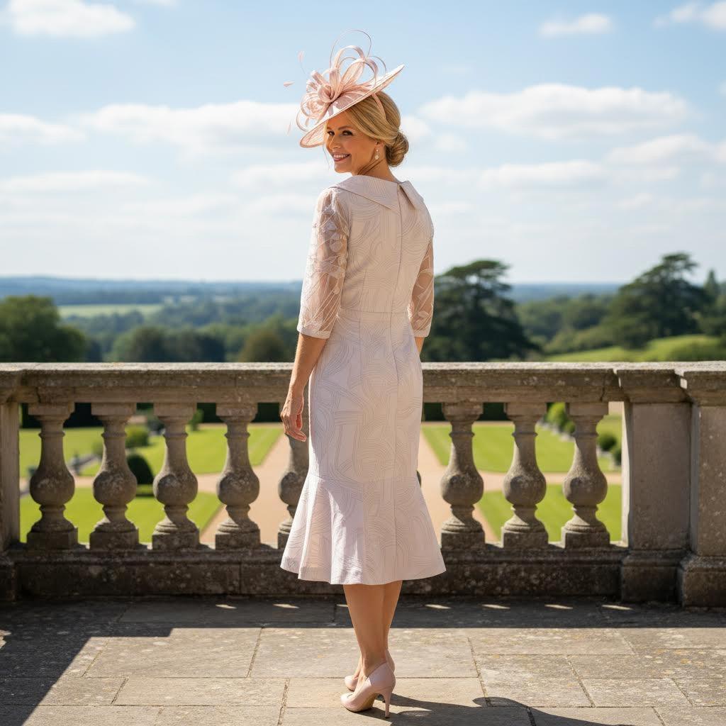 Woman in a Lizabella blush pink mother of the bride dress and blush pink fascinator hat standing on a balcony with a scenic view. Signature Dress