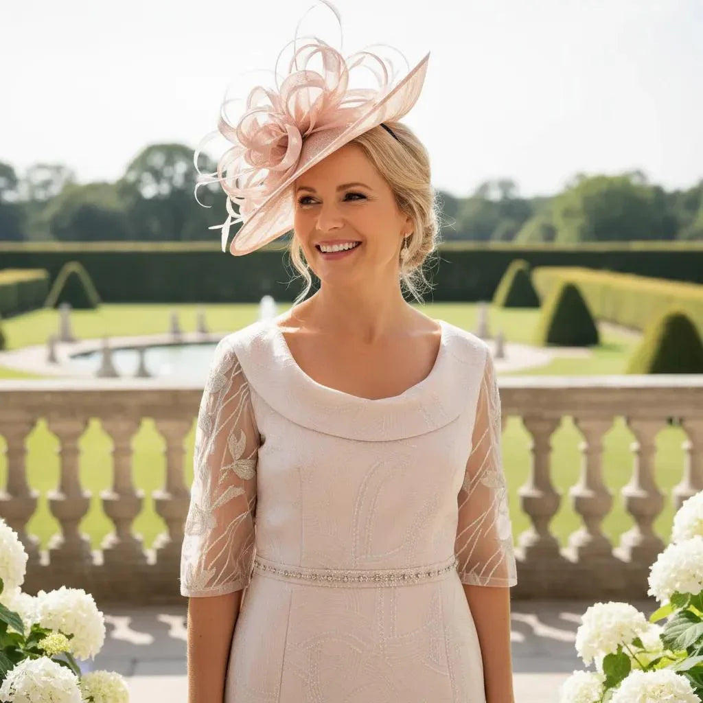 Woman in a Lizabella blush pink mother of the bride dress and blush pink fascinator hat standing on a balcony with a scenic view. Signature Dress