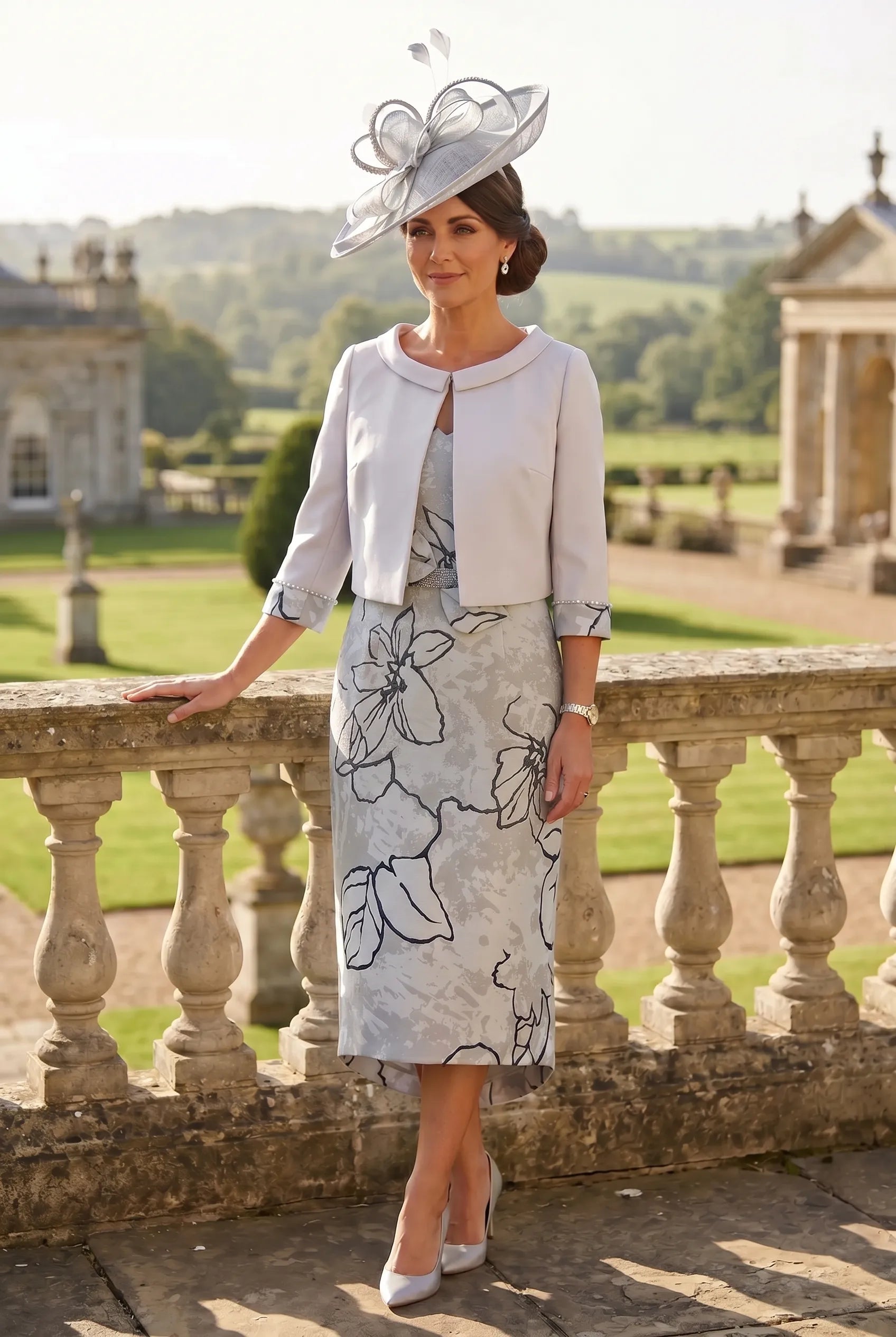 Lizabella 7076 silver Mother of the Bride outfit with metallic floral detailing, matching jacket, pearl bow and elegant fitted dress.