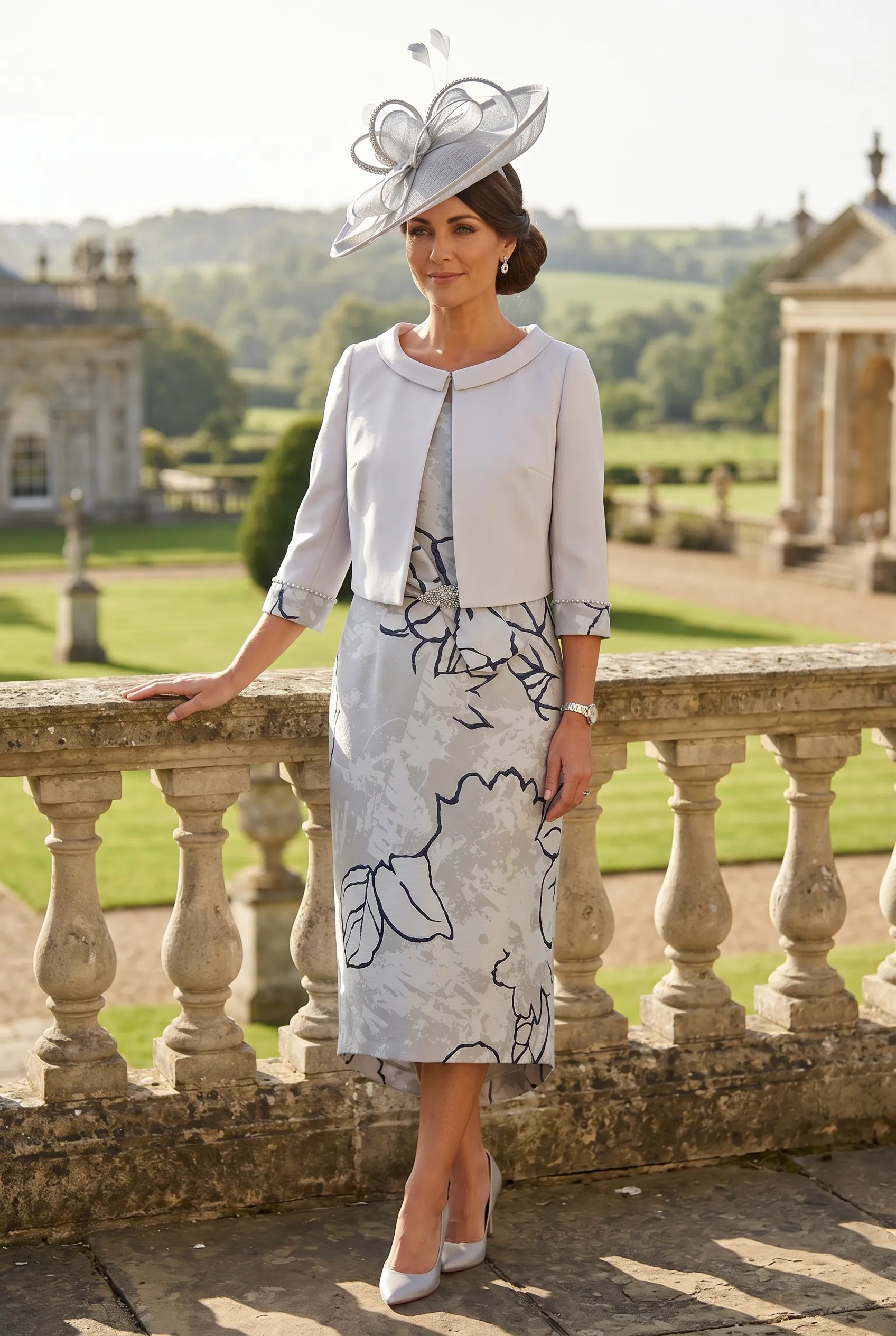 Woman in 2 piece silver mother of the bride outfit with floral dress and silver fascinator hat standing on a stone balcony with a scenic background. Signature Dress