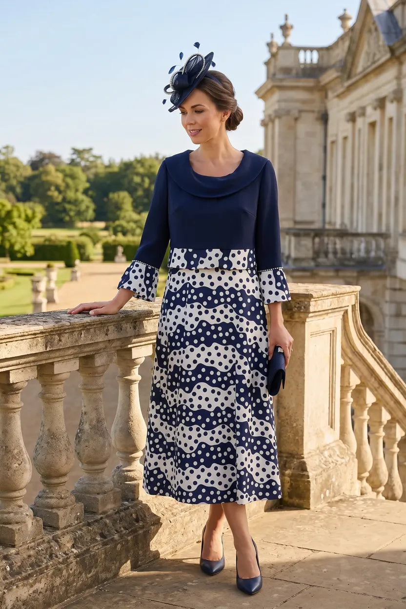 Lizabella 7202 navy Mother of the Bride outfit with elegant polka dot A-line dress and coordinating jacket.