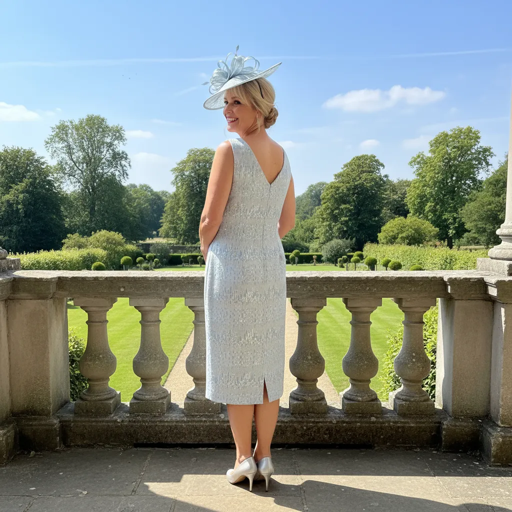 Blue Lizabella 7211 outfit with jacket fastened at the back for layered‑dress look.