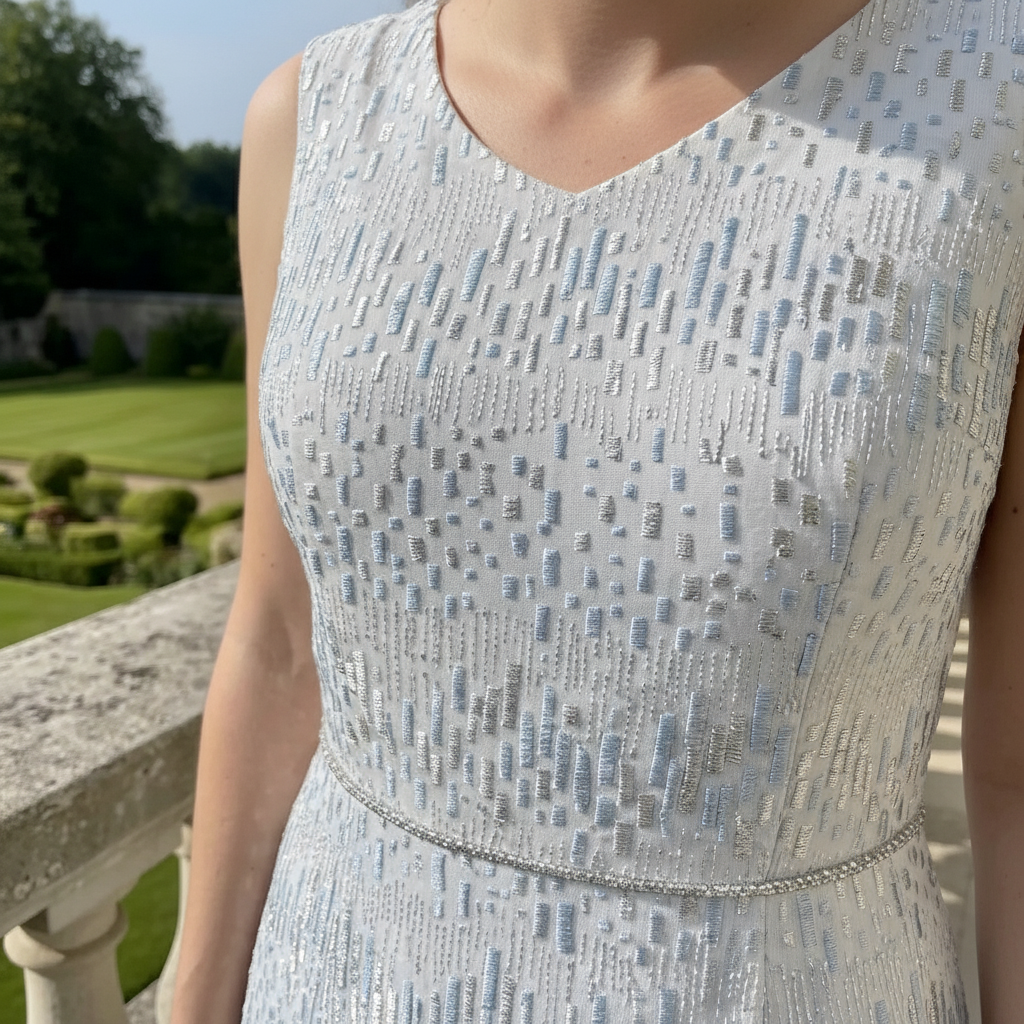 Close-up of blue Lizabella 7211 dress showing pearl and bead embellishment.