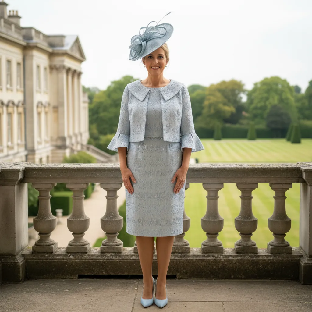 Blue Lizabella 7211 Mother of the Bride outfit with matching two‑way jacket.