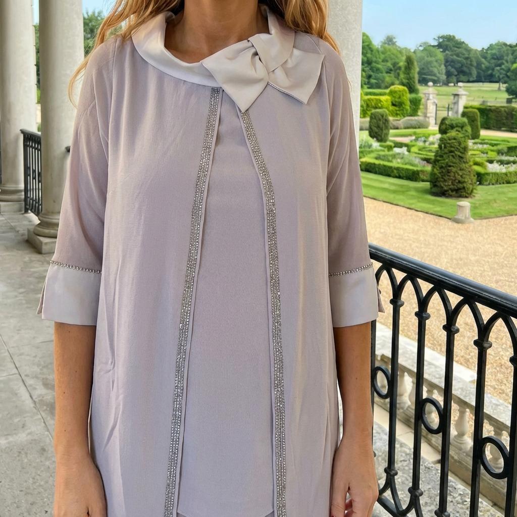 Lizabella silver chiffon trouser suit 7231 with beaded neckline and matching hat, photographed on a columned terrace.