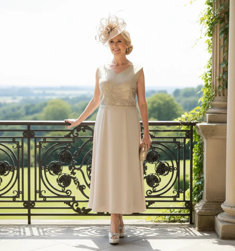 Lizabella 7270 stone Mother of the Bride dress, floaty skirt and diamanté waist detail.