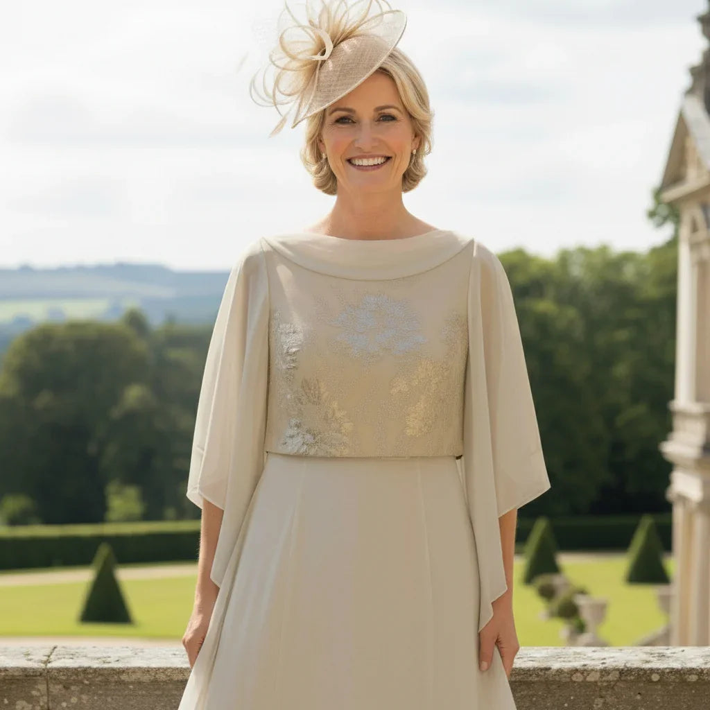 close view of a Lizabella 7270 stone Mother of the Bride dress and jacket with chiffon sleeves, floaty skirt and diamanté waist detail.