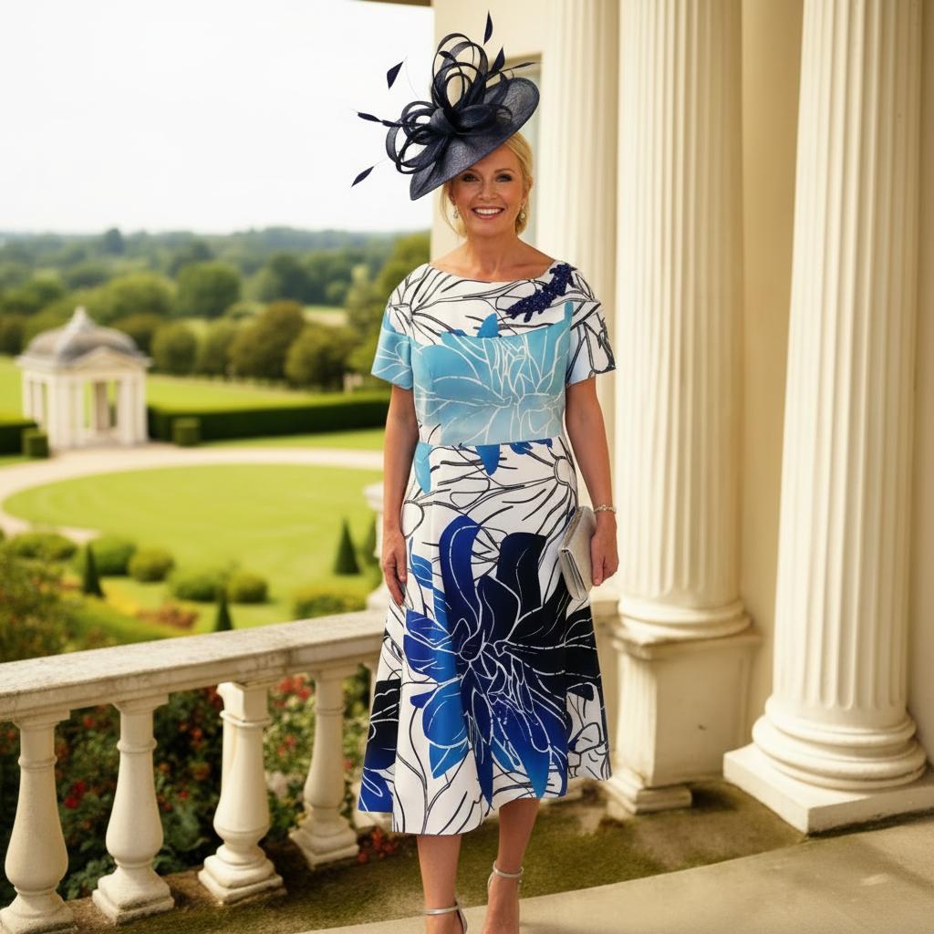 Woman in a floral blue Lizabella mother of the bride dress and decorative hat. Signature Dress