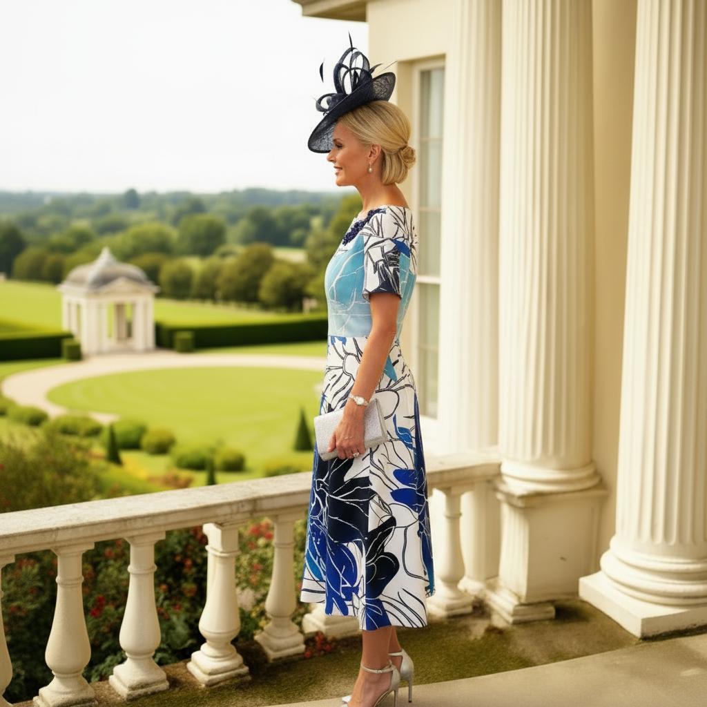Woman in a floral blue Lizabella mother of the bride dress and decorative hat. Signature Dress