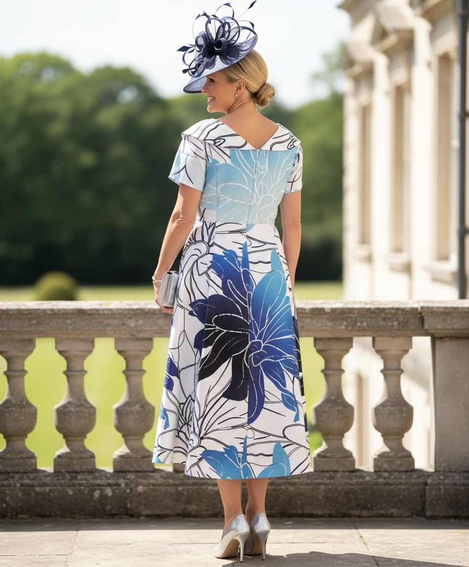 Woman in a floral blue Lizabella mother of the bride dress and decorative hat. Signature Dress