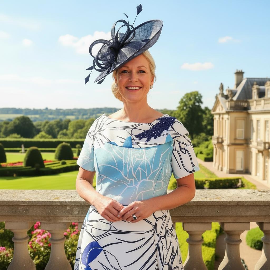 Woman in a floral blue Lizabella mother of the bride dress and decorative hat. Signature Dress