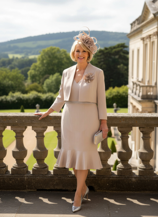 women wearing a Mother of the Bride outfit by designer Mascara, the dress is v neck with a matching jacket.