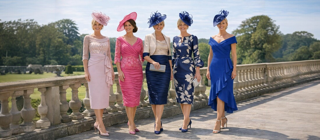 Five women wearing elegant Mother of the Bride and Mother of the Groom outfits with matching fascinators, standing outdoors on a stone terrace with gardens in the background.