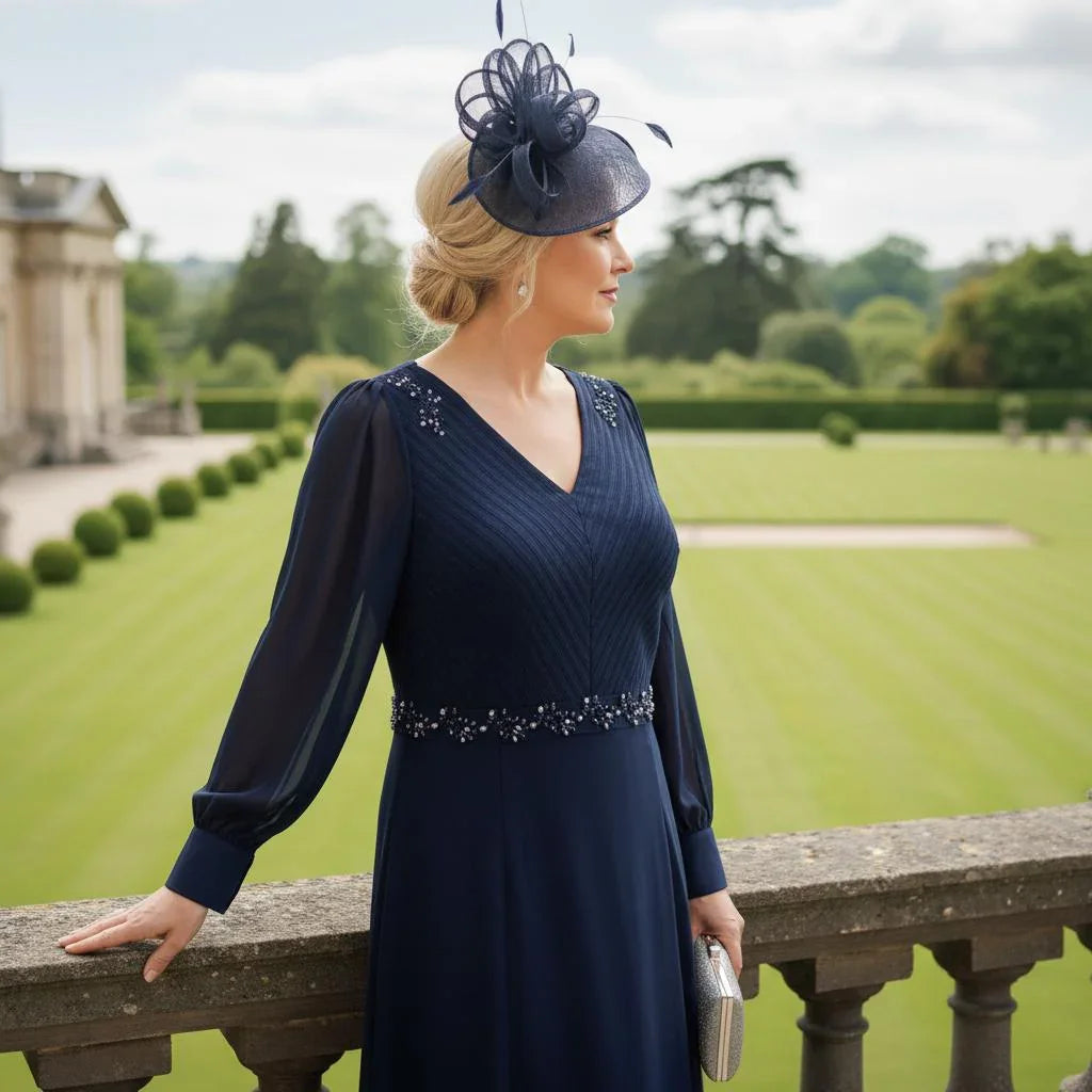Back view of Navy Mother of the Bride Dress Lizabella 2470 showing elegant silhouette and long sleeves