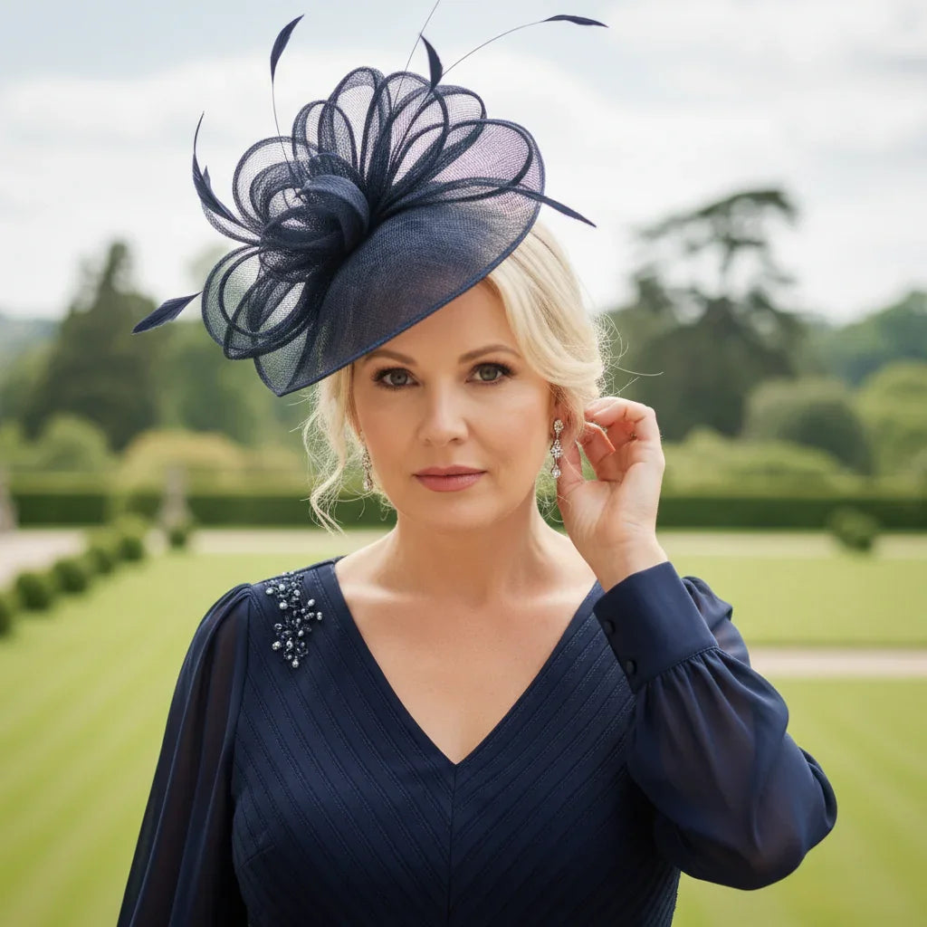 Close-up of Navy Mother of the Bride Dress Lizabella 2470 showing V-neckline and embellished waist detail