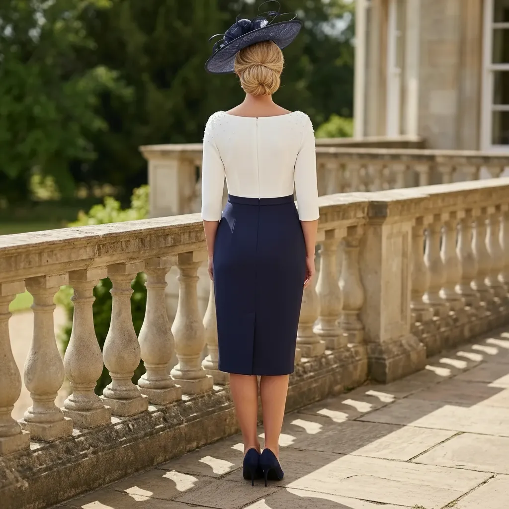 Back view of John Charles 66208 navy Mother of the Bride dress with fitted crepe skirt and ¾ sleeves.